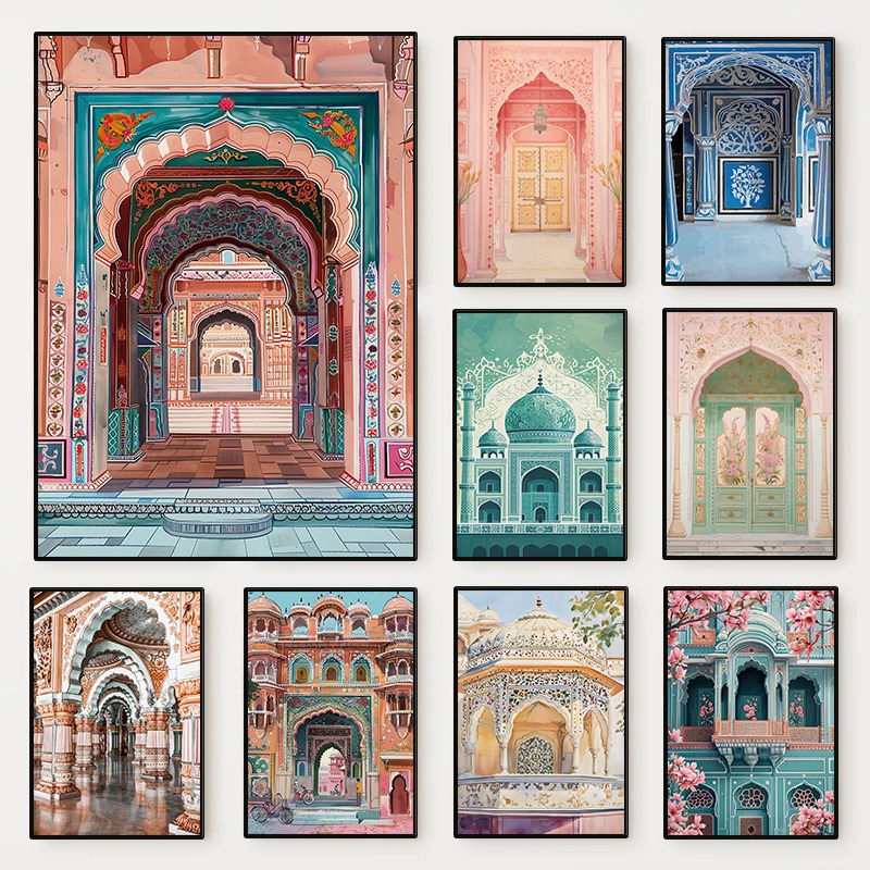 Home Decor Jaipur - Watercolor Jaipur Indian Palace Doors Poster