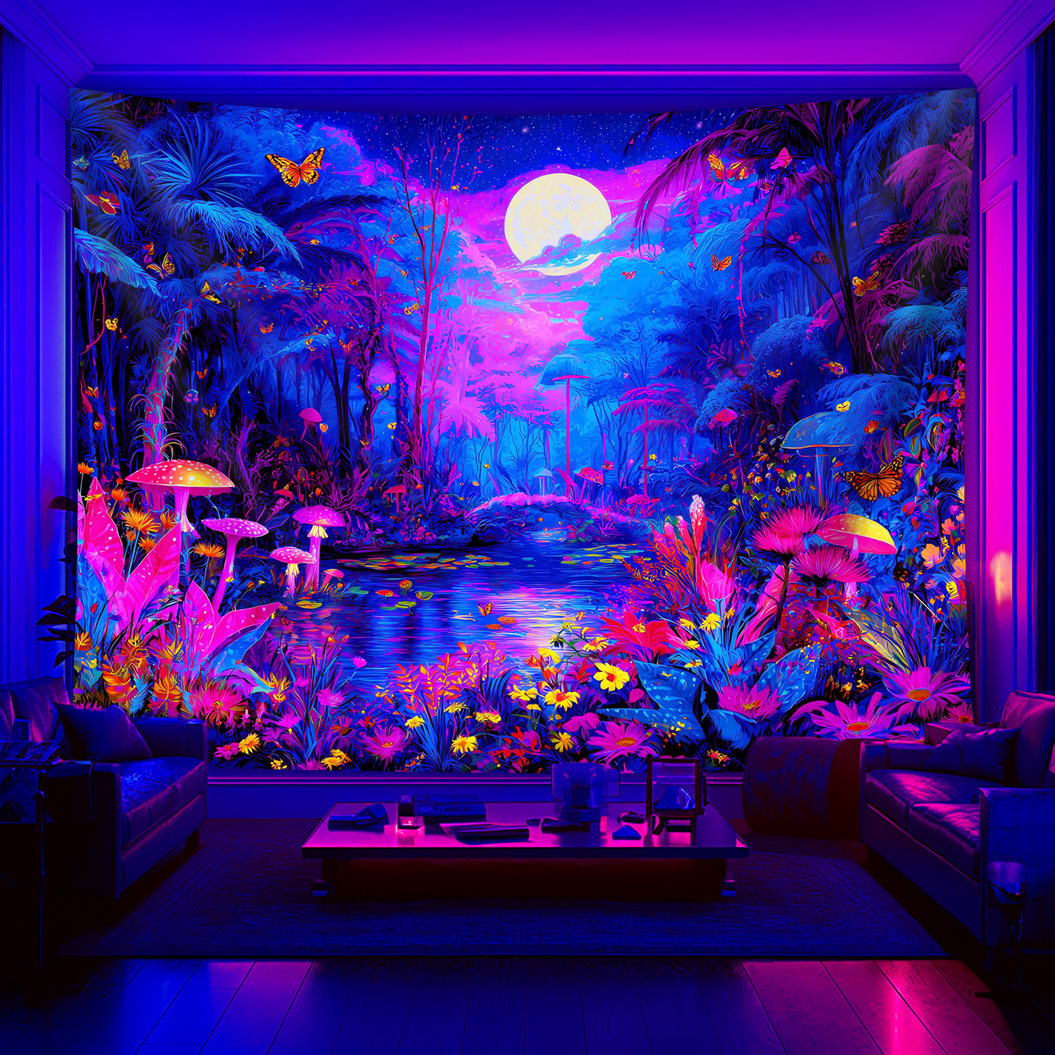 Aesthetic Tapestry - VIKAMA Black Light Galaxy Forest Tapestry