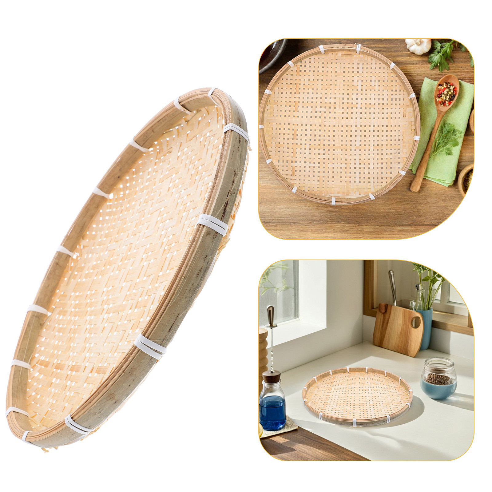 Woven Wall Basket - 35Cm Round Bamboo Sieve Basket Artisan