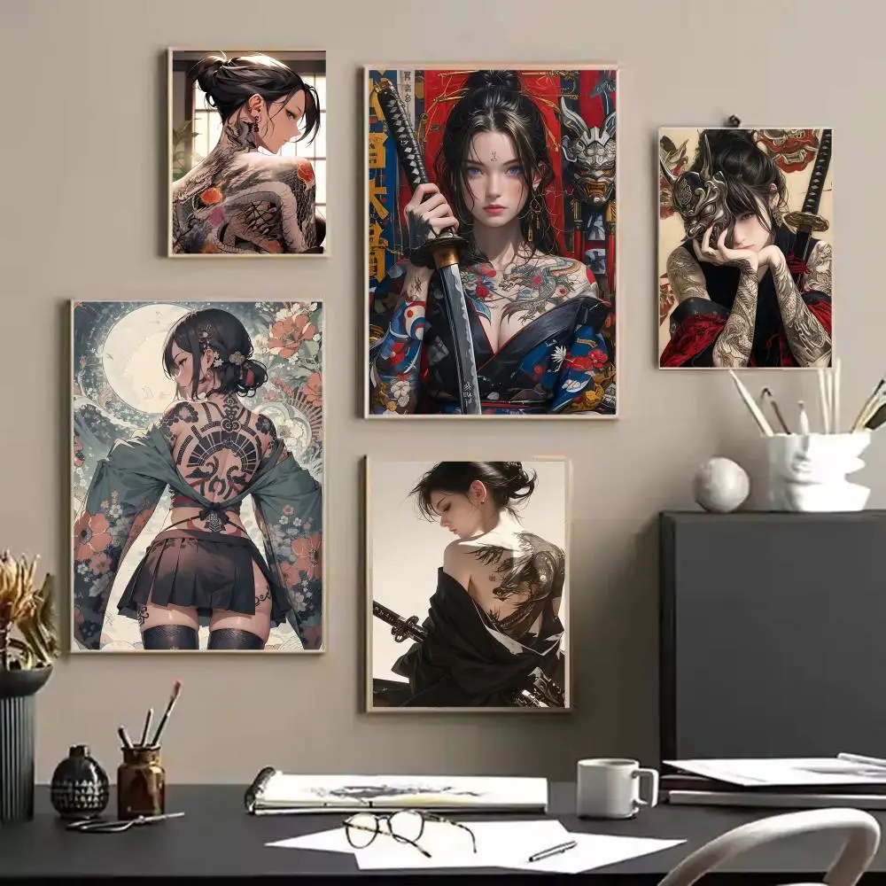 Home Decor Japandi - Sexy Japanese samurai painting calligraphy canvas