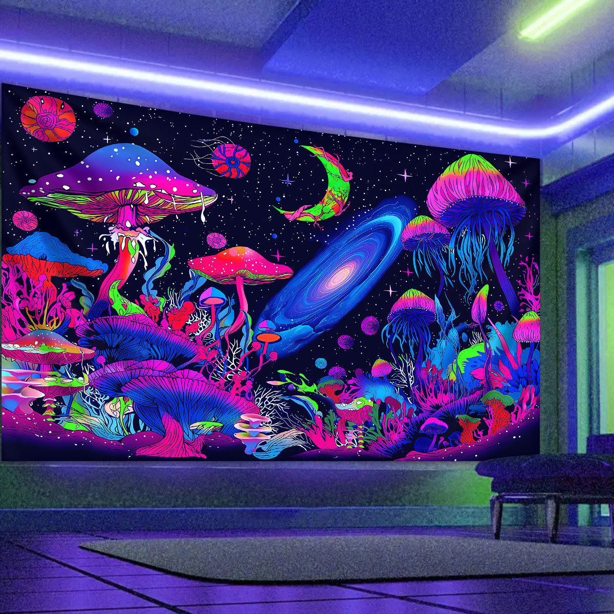 Aesthetic Tapestry - 1pc Fluorescent mushroom tapestry, UV tapestry,