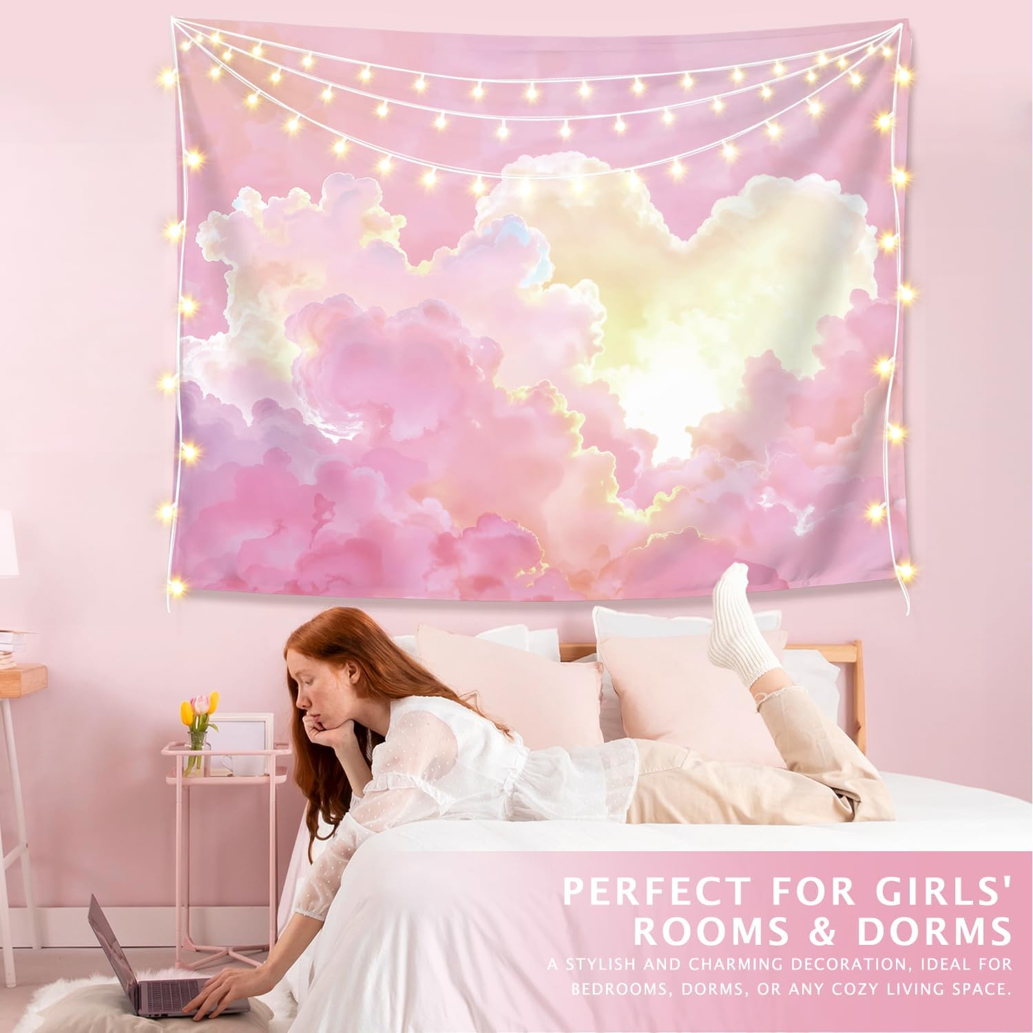 Preppy Pink Cloud Tapestry Wal - Aesthetic Tapestry avaliação e preço