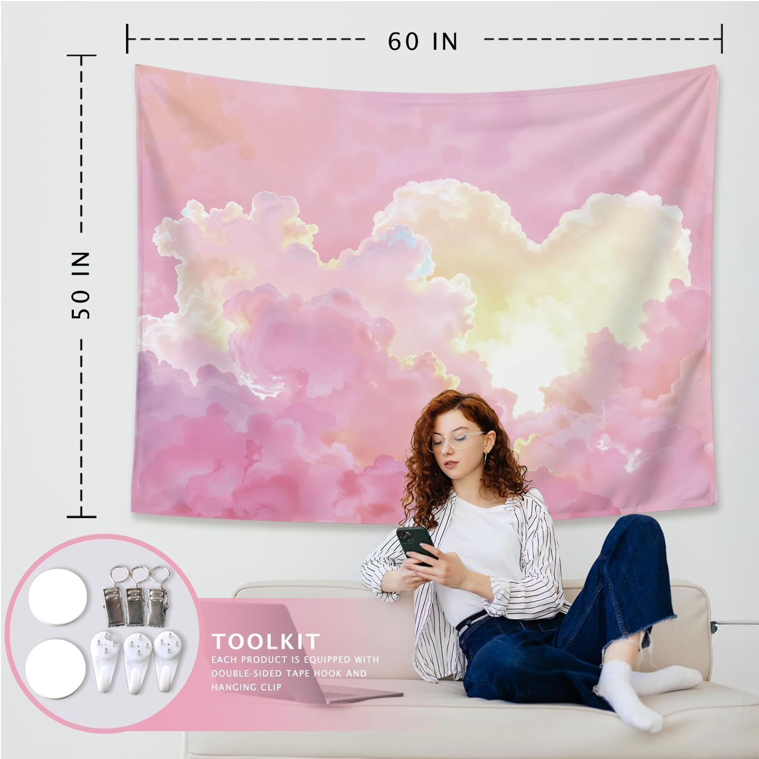Preppy Pink Cloud Tapestry Wal - Aesthetic Tapestry avaliação e preço