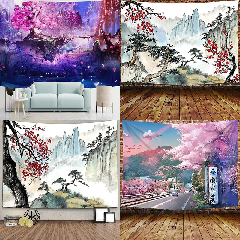 Japanese Mountains And Cherry  - Aesthetic Tapestry avaliação e preço