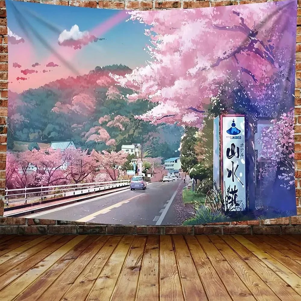 Japanese Mountains And Cherry  - Aesthetic Tapestry avaliação e preço