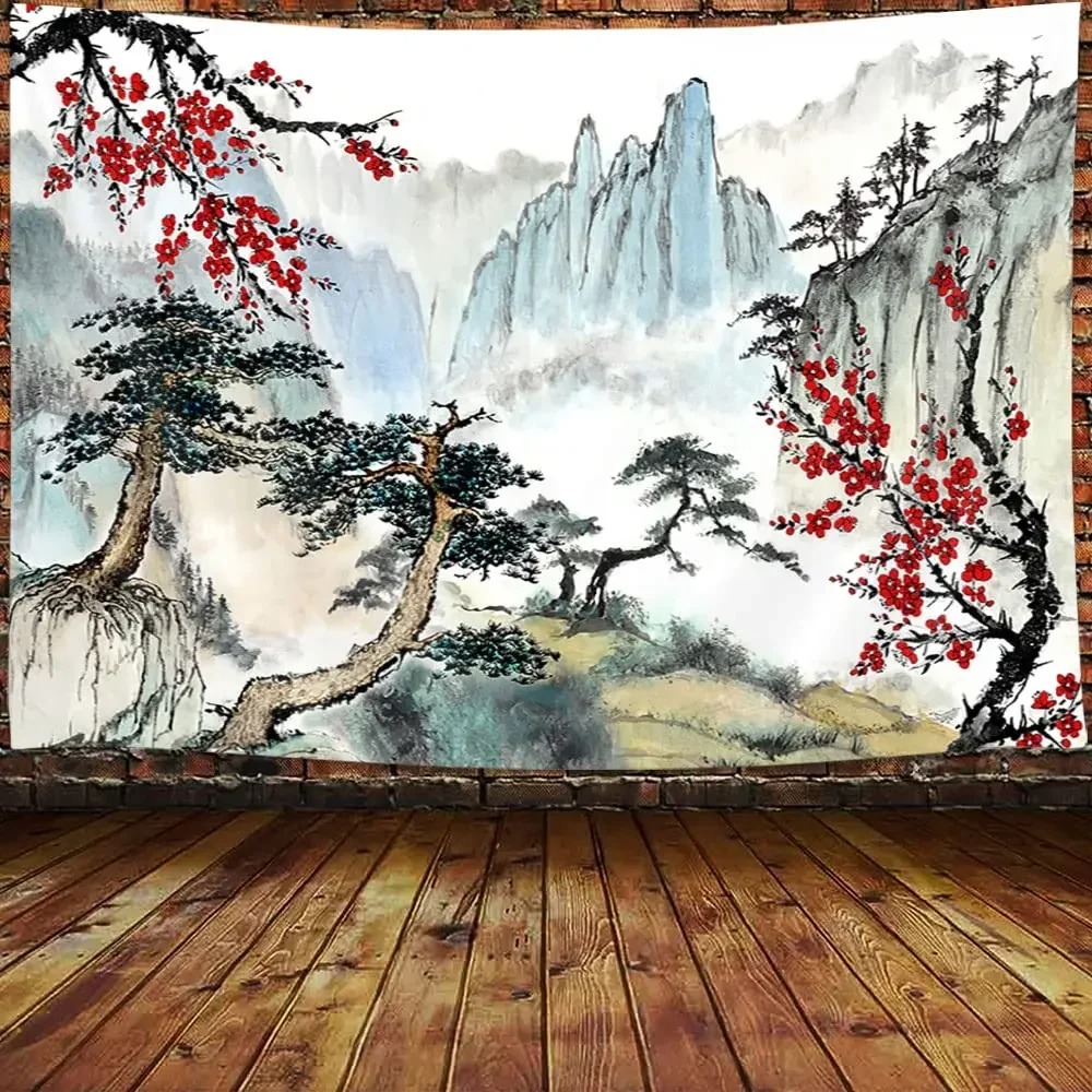 Japanese Mountains And Cherry  - Aesthetic Tapestry avaliação e preço