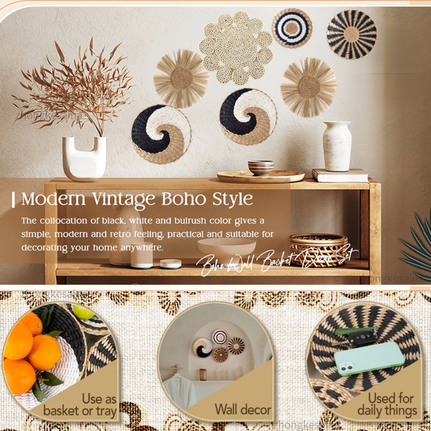 Straw Woven Wall Decoration Bo - Woven Wall Basket avaliação e preço